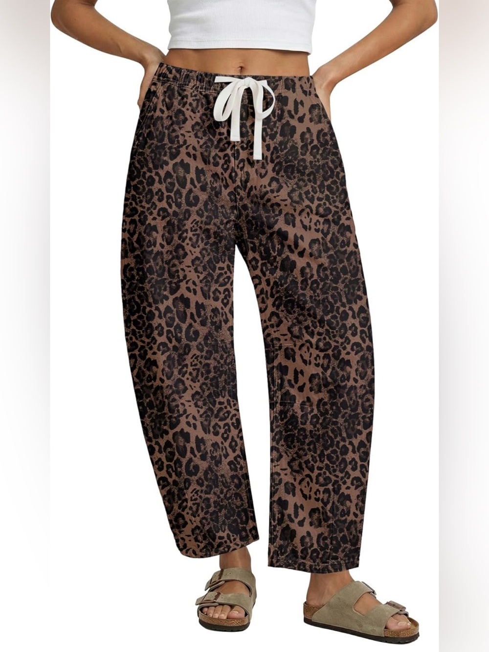 Barrel Jeans for Women Trendy High Waisted Pull On Wide Leg Cropped Leopard